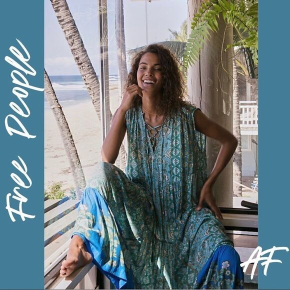 FREE PEOPLE HANALEI BAY MAXI DRESS BLUE GREEN NEW - Picture 1 of 6